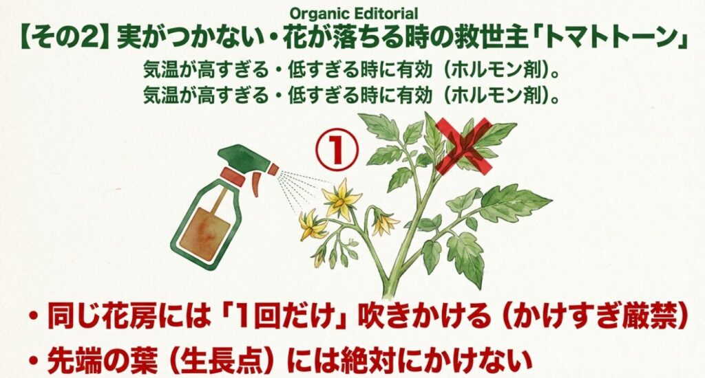 実がつかない時の救世主であるトマトトーンは同じ花房に1回だけ吹きかける