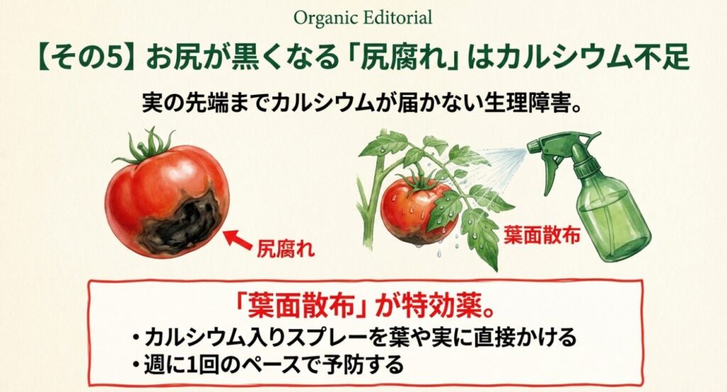 お尻が黒くなる尻腐れはカルシウム不足の生理障害であり葉面散布が特効薬 
+1