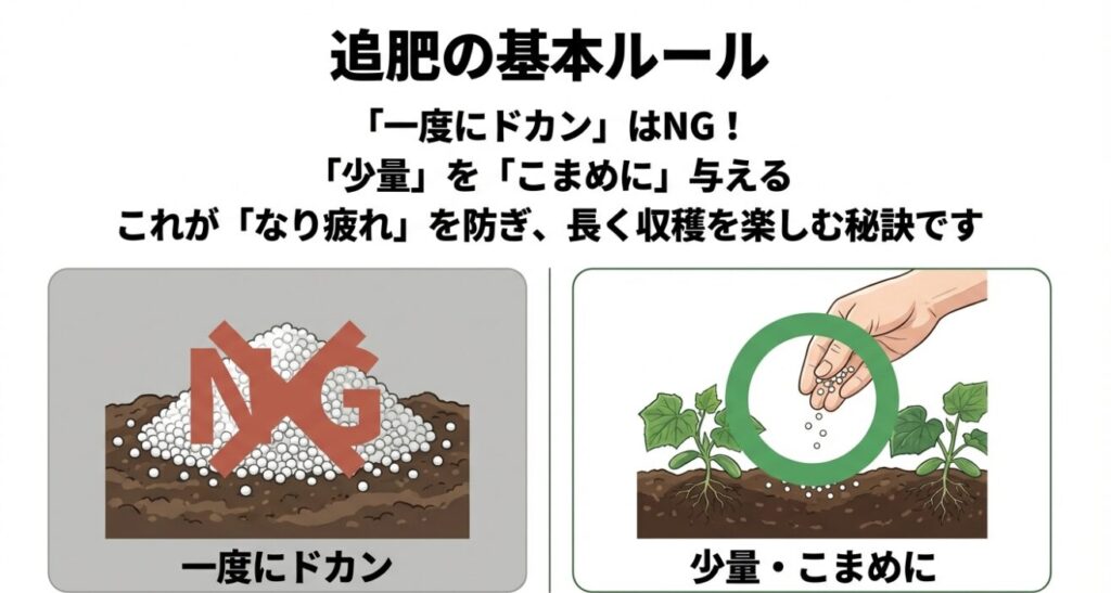 肥料を一度に大量に与えるのはNGで、少量をこまめに与えるのが正しい追肥の基本ルール
