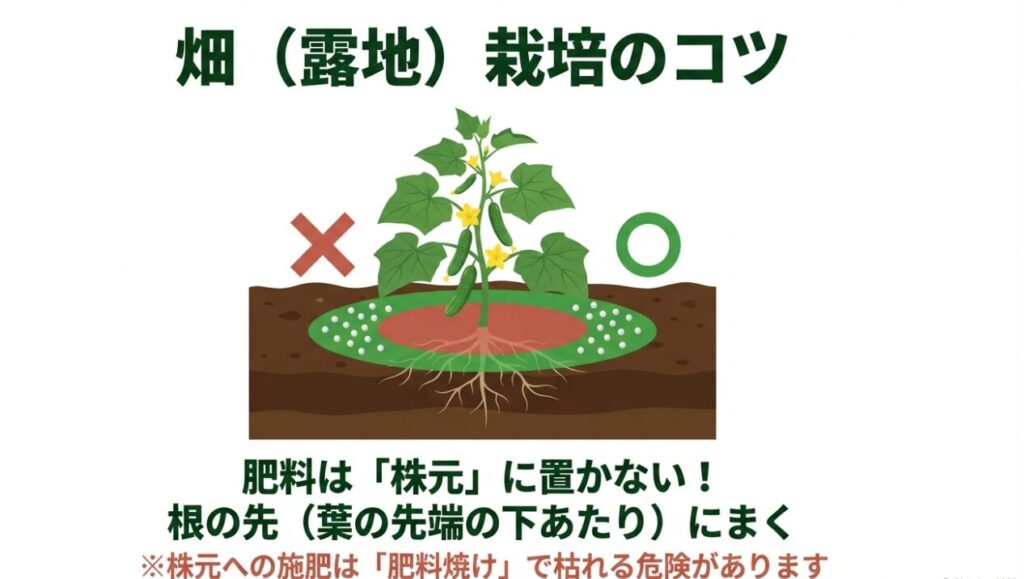 畑での栽培時、肥料は株元ではなく根の先(葉の先端の下あたり)にまくことで肥料焼けを防ぐ図解