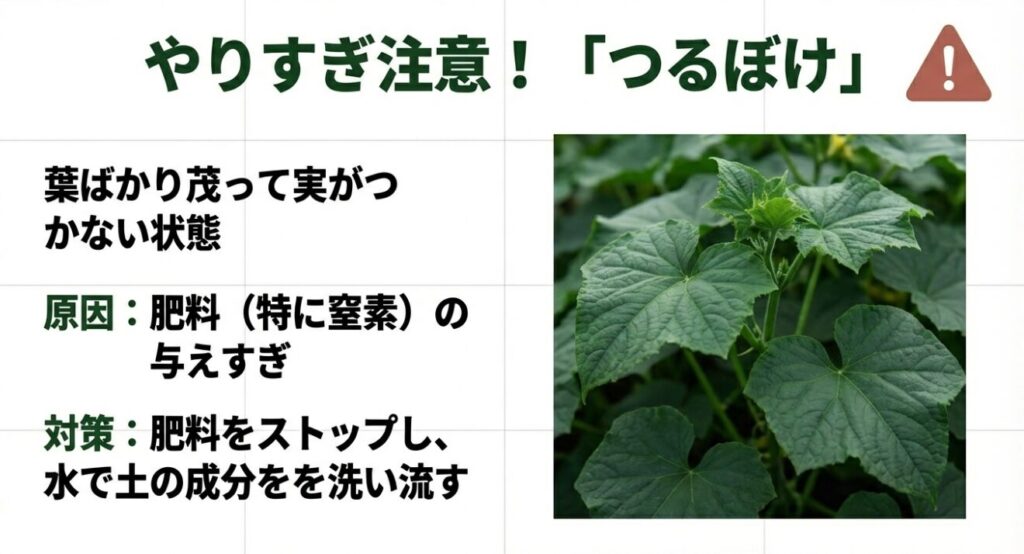 窒素などの肥料の与えすぎによって葉ばかりが茂り、実がつかなくなってしまった「つるぼけ」状態のきゅうりの株