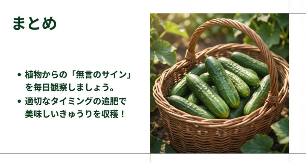 適切なタイミングでの追肥によって収穫された、カゴいっぱいの瑞々しいきゅうり