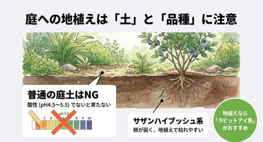 庭への地植えは酸性の土と地植えに向くラビットアイ系の品種を選ぶよう注意する