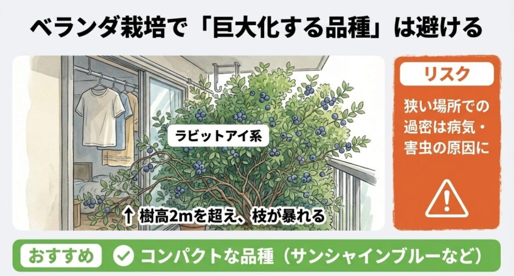ベランダ栽培では樹高2mを超え枝が暴れる巨大化するラビットアイ系の品種は避ける