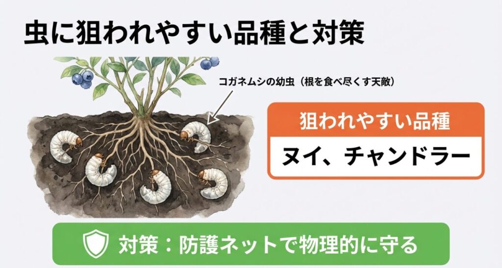 コガネムシの幼虫に狙われやすいヌイやチャンドラーなどの品種と防護ネットによる対策