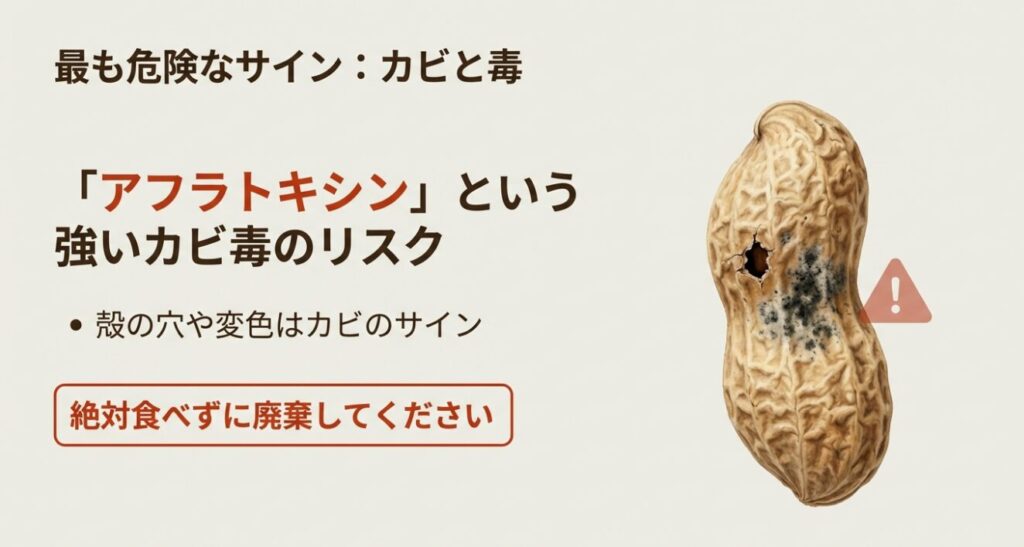 アフラトキシンという強いカビ毒のリスクがあり、殻の穴や変色はカビのサインのため絶対食べずに廃棄してください