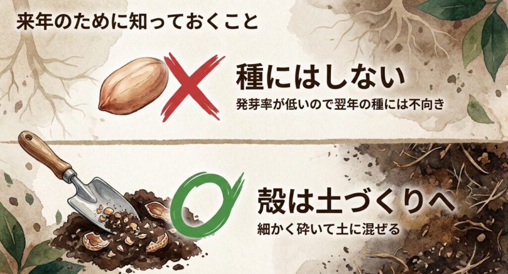 発芽率が低いので翌年の種には不向きであり、殻は細かく砕いて土に混ぜることで土づくりへ活用