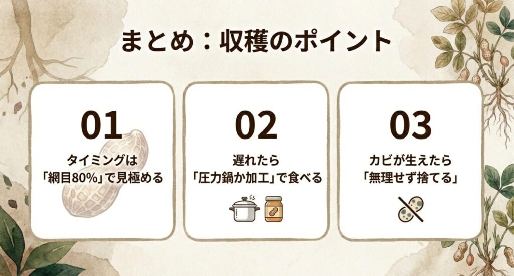 収穫のタイミングは網目80%で見極め、遅れたら圧力鍋か加工で食べ、カビが生えたら無理せず捨てる