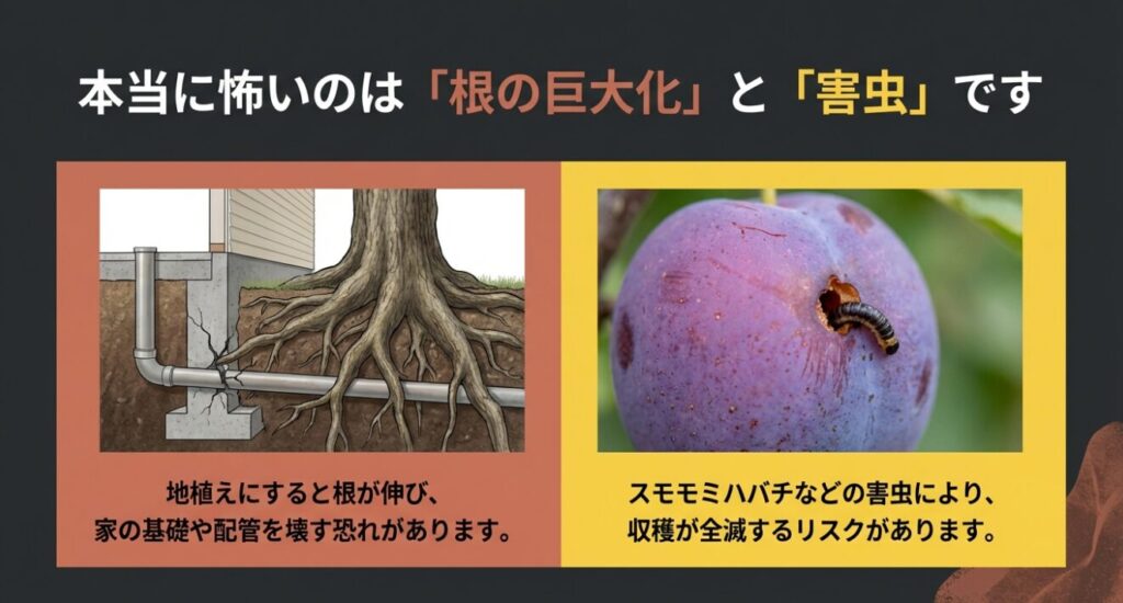 巨大化した根が家の基礎を壊すイラストと、スモモミハバチなどの害虫被害という本当のリスクを解説するスライド