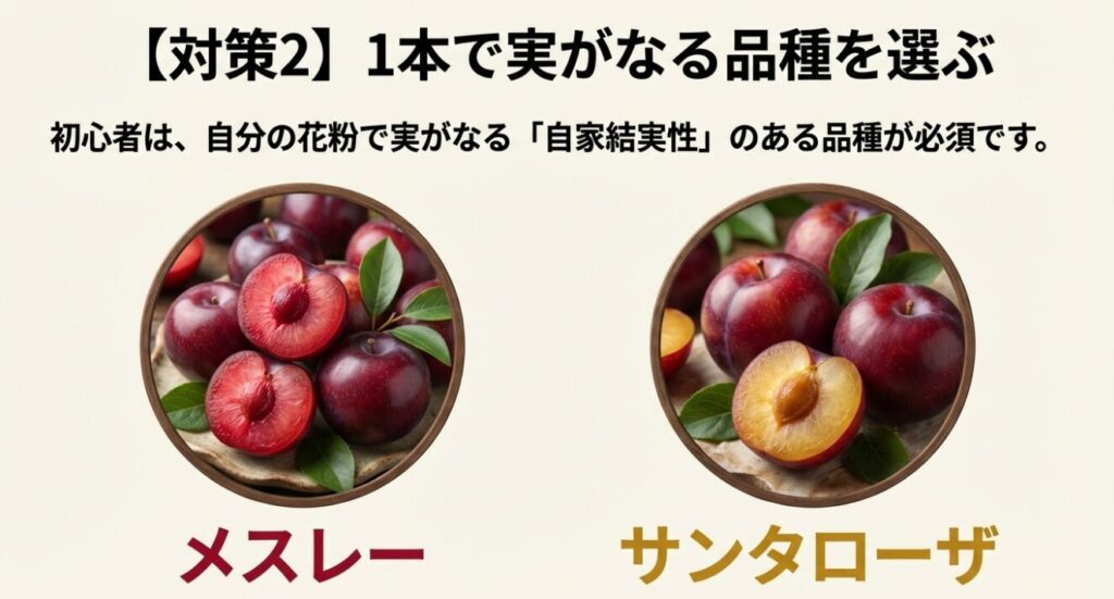 メスレーやサンタローザなど、初心者は1本で実がなる自家結実性のある品種を選ぶべきだと推奨するスライド