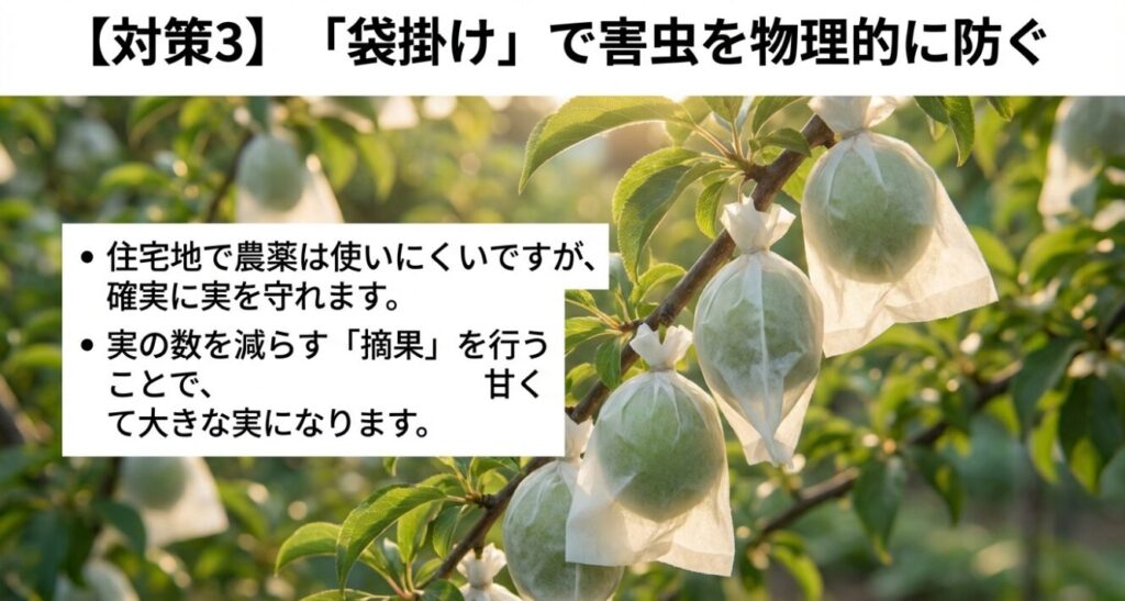 実の数を減らす摘果と、害虫を物理的に防ぐ袋掛けを行うことで甘く大きな実になることを解説するスライド