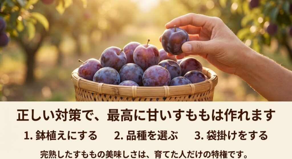 鉢植えにする、品種を選ぶ、袋掛けをするという正しい対策で、最高に甘い完熟すももが育てられるという結論スライド