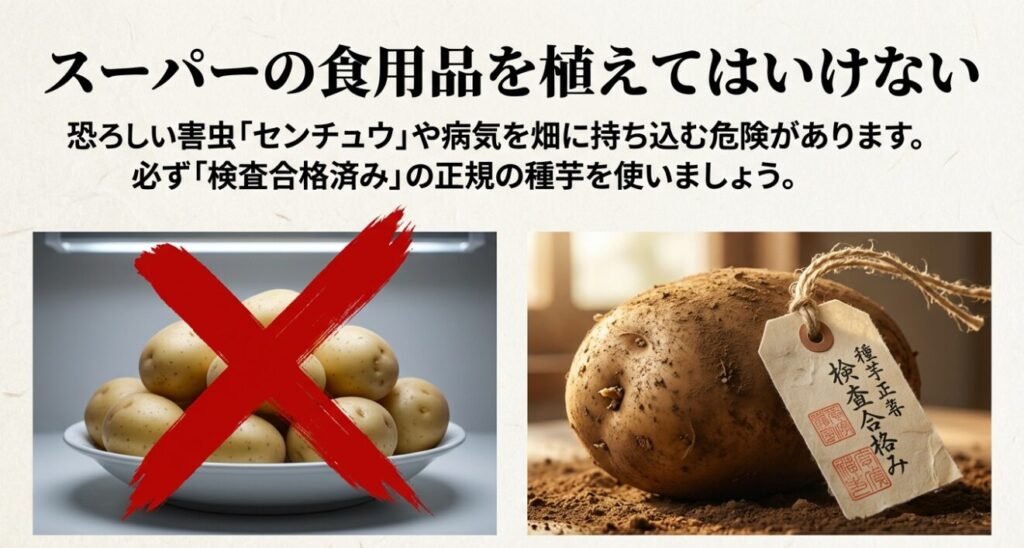 食用のじゃがいもを植えると恐ろしい害虫センチュウや病気を持ち込む危険があるため、検査合格済みの種芋を使うべき理由を解説するスライド