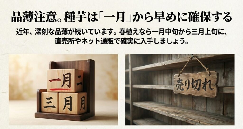 近年深刻な品薄が続いているため、春植えの種芋は一月中旬から早めに確保することを促す注意喚起のスライド
