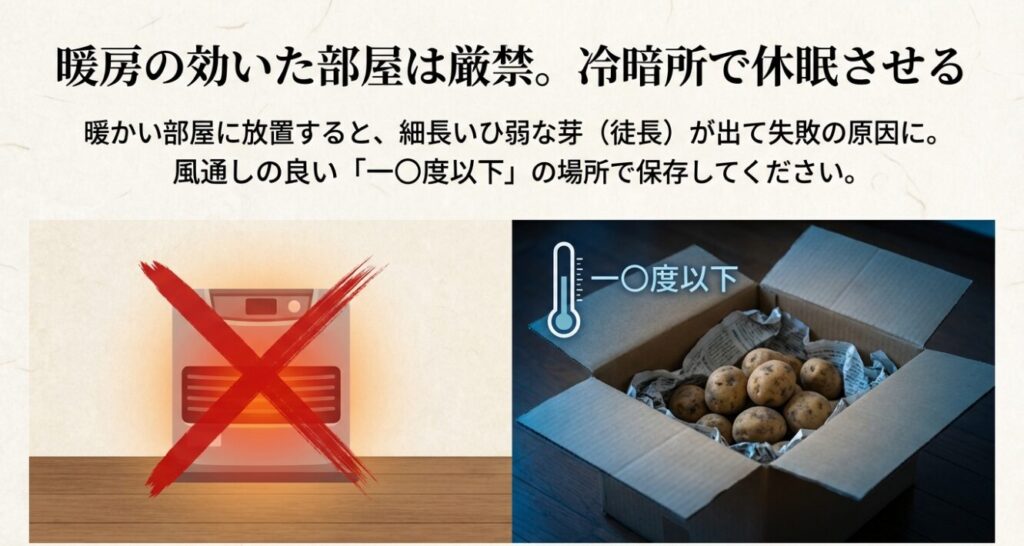 ひ弱な芽が出るのを防ぐため、種芋は風通しの良い一〇度以下の冷暗所で保存して休眠させるよう指導するスライド