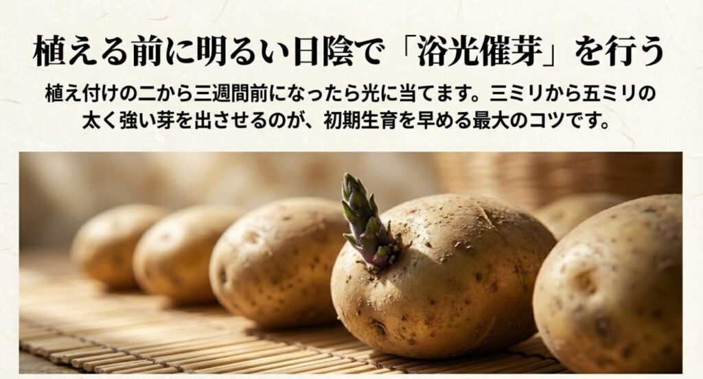 初期生育を早めるため、植え付けの二から三週間前に光を当てて太く強い芽を出させる浴光催芽の手順を示すスライド