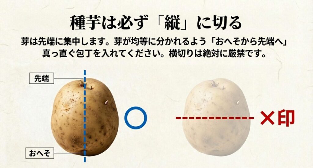 芽が先端に集中しているため、芽が均等に分かれるようにおへそから先端へ真っ直ぐ包丁を入れる正しい切り方の図解