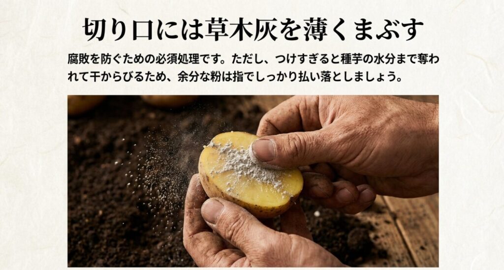 腐敗を防ぐために切り口に草木灰をまぶし、種芋が干からびないよう余分な粉はしっかり払い落とす作業のスライド