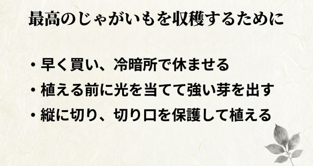 早く買って休ませる、光を当てて芽を出す、縦に切って植えるという最高のじゃがいもを収穫するための3つのポイントまとめ