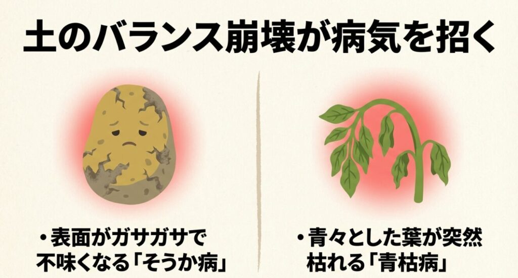 土のバランス崩壊が原因で発生する、じゃがいものそうか病と青枯病のメカニズム