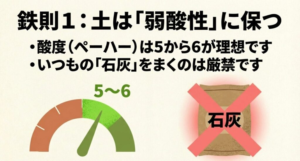 じゃがいも栽培の鉄則1。土を弱酸性（pH5から6）に保ち、石灰のまきすぎを避けるポイント
