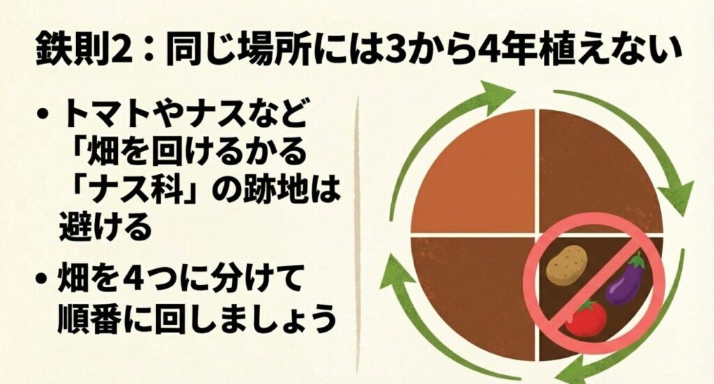 じゃがいも栽培の鉄則2。ナス科の跡地を避け、畑を4つに分けて3から4年サイクルで輪作する図解