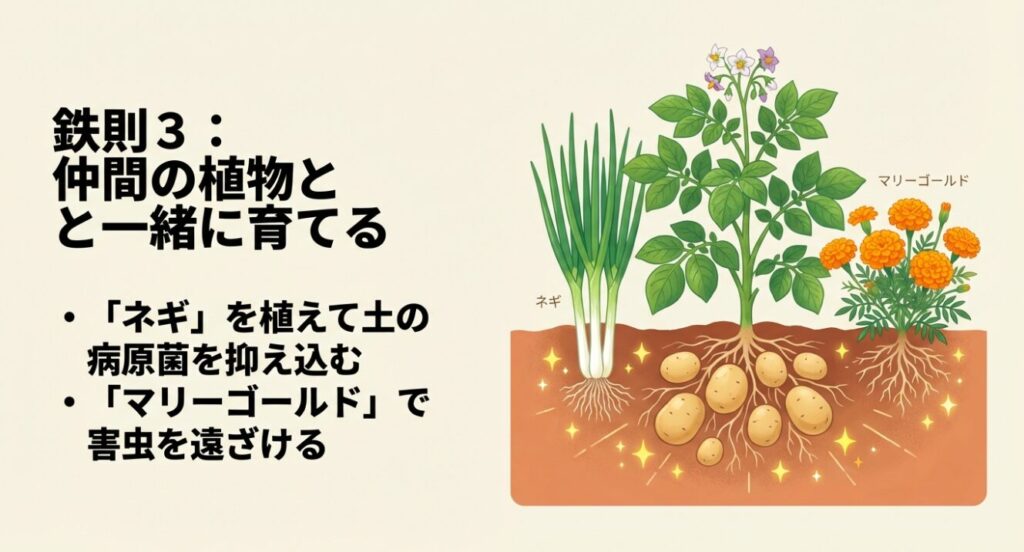 じゃがいも栽培の鉄則3。ネギで病原菌を抑え、マリーゴールドで害虫を遠ざけるコンパニオンプランツの活用法