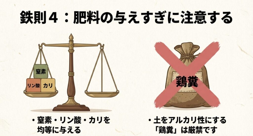 じゃがいも栽培の鉄則4。窒素・リン酸・カリのバランスを均等にし、土をアルカリ性にする鶏糞を避ける天秤のイラスト