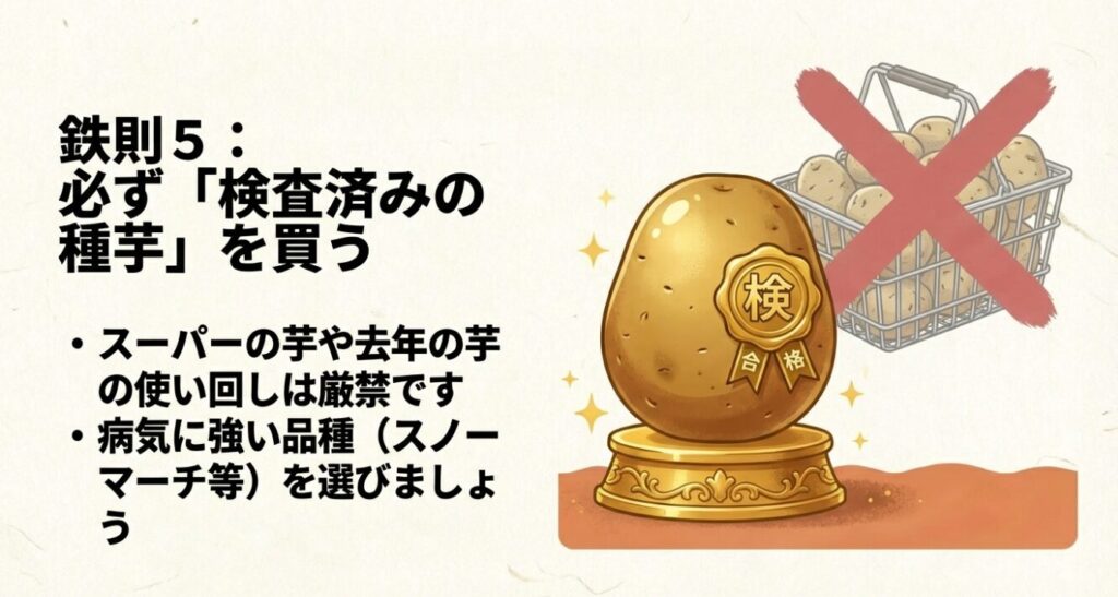 じゃがいも栽培の鉄則5。スーパーの芋の使い回しを避け、病気に強い検査済みの種芋を選ぶポイント