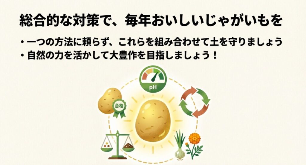 輪作、土壌pHの管理、コンパニオンプランツなどを組み合わせた総合的なじゃがいも連作障害対策のまとめ図
