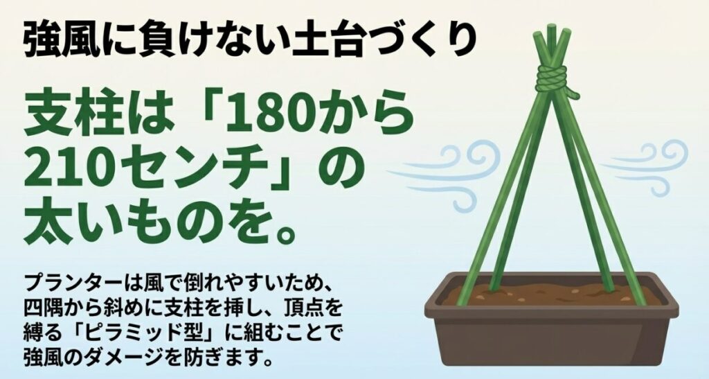 強風に負けない土台づくりのため、180から210センチの太い支柱を使用する 。プランターの四隅から斜めに支柱を挿して頂点を縛る「ピラミッド型」に組むことで、強風のダメージを防ぐ 。