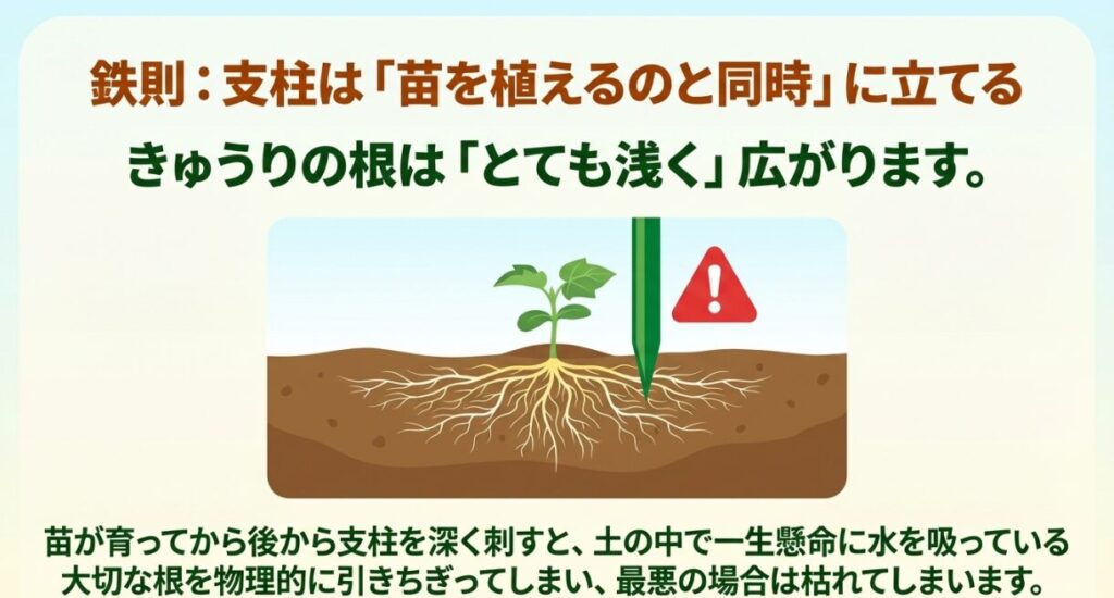 きゅうりの根はとても浅く広がるため、支柱は苗を植えるのと同時に立てるのが鉄則 。苗が育ってから支柱を深く刺すと、大切な根を引きちぎってしまい枯れる原因になる 。