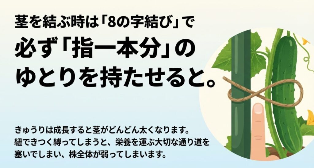 きゅうりの茎を結ぶ時は「8の字結び」で、必ず指一本分のゆとりを持たせる 。