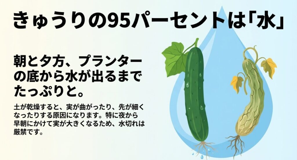 きゅうりの95パーセントは水のため、朝と夕方にプランターの底から水が出るまでたっぷりと与える 。土の乾燥は実が曲がったり細くなったりする原因になるため水切れは厳禁 。