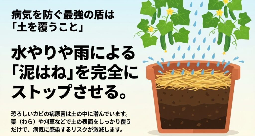 病気を防ぐ最強の盾は土を覆うことであり、水やりや雨による泥はねを完全にストップさせる 。藁などで土の表面を覆うだけで、土に潜むカビの病原菌に感染するリスクが激減する 。