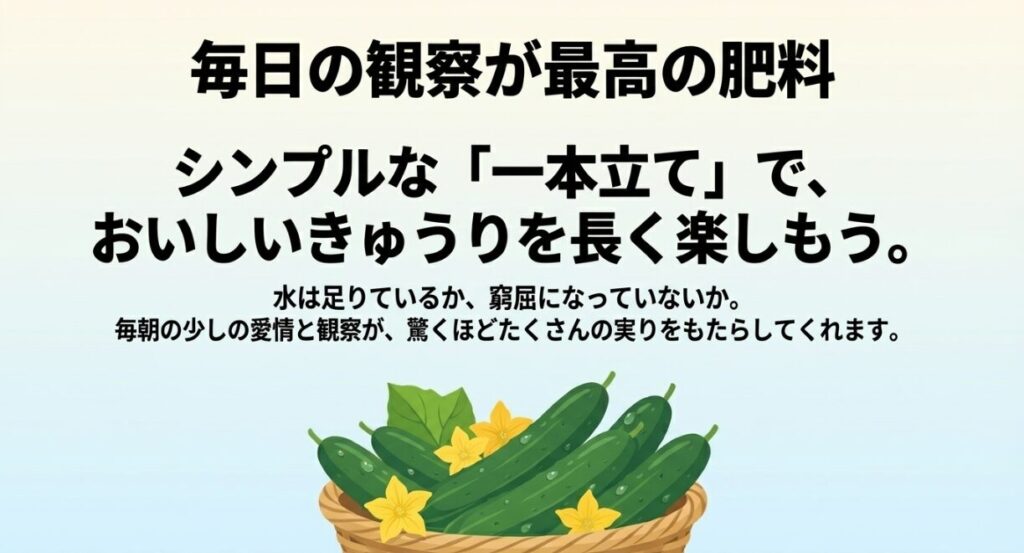 シンプルな一本立てでおいしいきゅうりを長く楽しむ 。水は足りているかなどの毎朝の少しの愛情と観察が、たくさんの実りをもたらしてくれる 。
