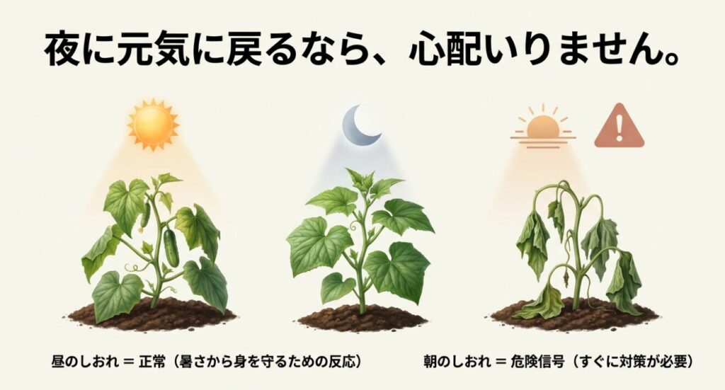 きゅうりの正常な昼のしおれと注意が必要な朝のしおれの違い