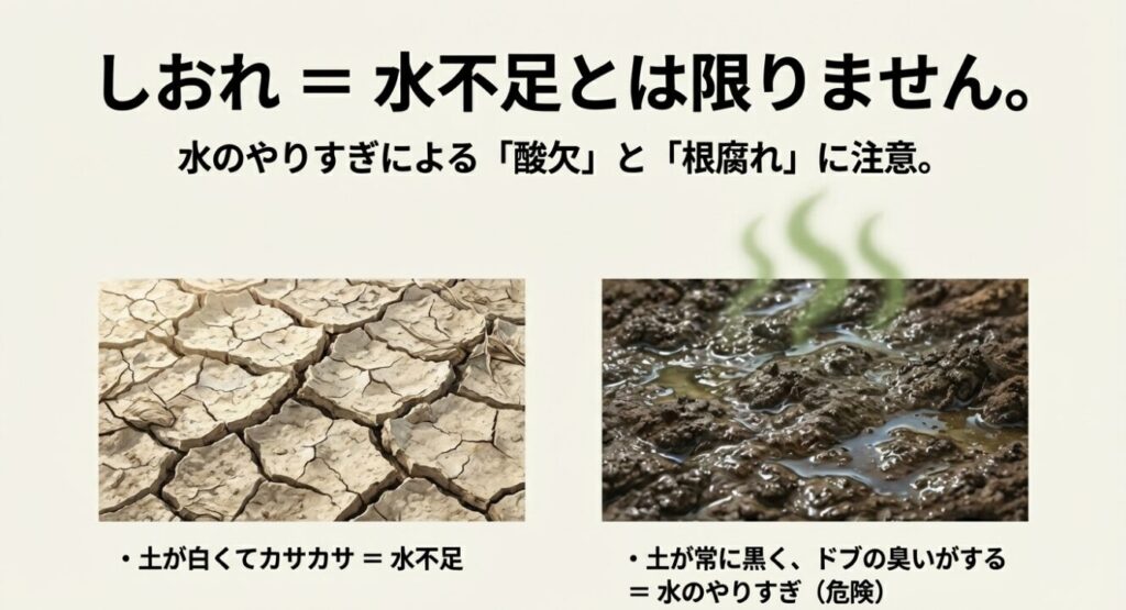 水不足でカサカサの土と水のやりすぎでドブの臭いがする土の比較