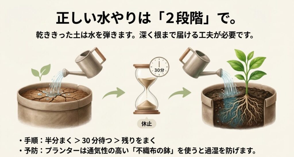 乾ききった土に水を浸透させるための2段階の正しい水やり手順