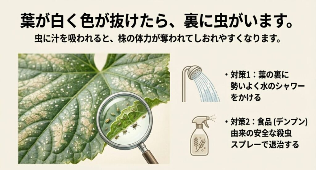 葉の裏に潜むハダニなどの害虫と水シャワーによる対策方法