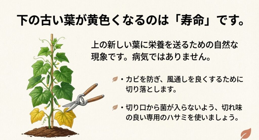 寿命で黄色くなった古い下葉を専用ハサミで切り落とす下葉かき
