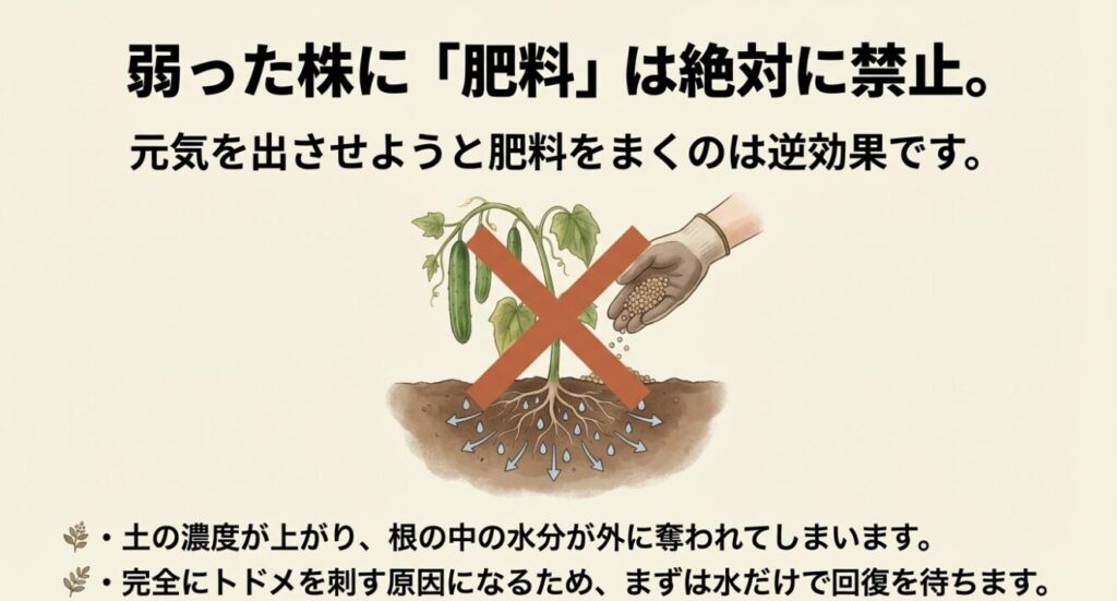しおれて弱ったきゅうりの株に肥料を与えるのは逆効果のため絶対禁止