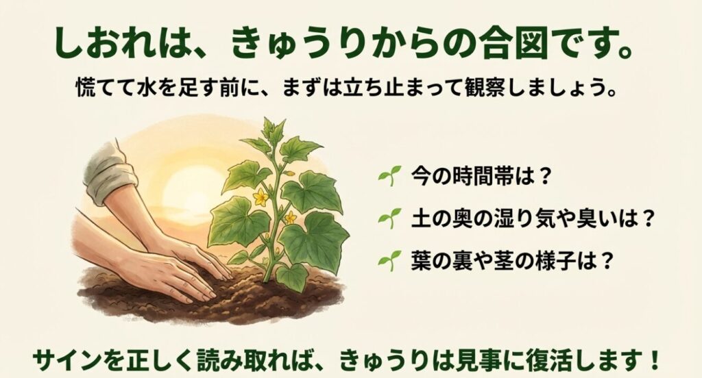 しおれたきゅうりからのサインを正しく読み取り観察することの重要性