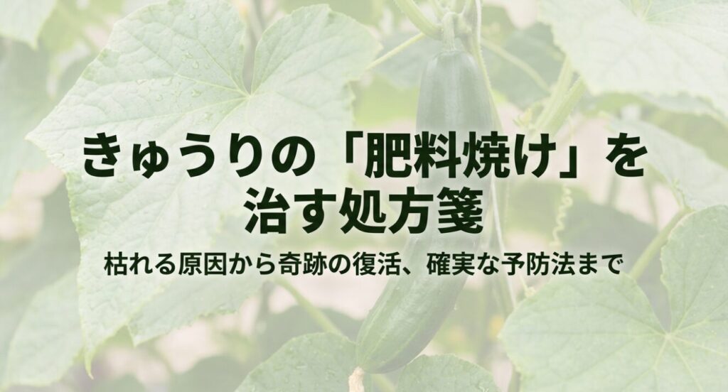 きゅうりが枯れる原因から奇跡の復活、確実な予防法までをまとめた処方箋のスライド表紙です 。