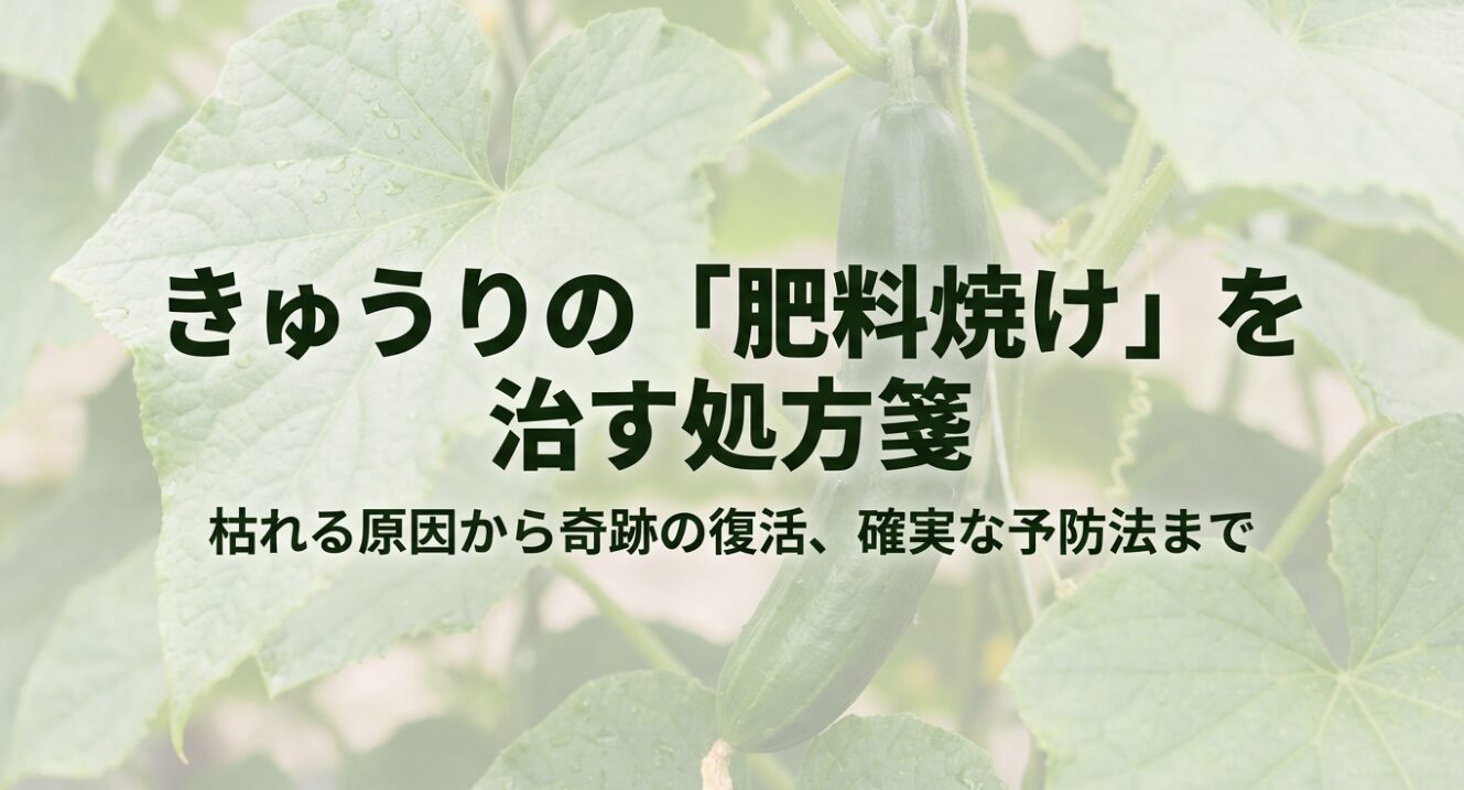 きゅうりが枯れる原因から奇跡の復活、確実な予防法までをまとめた処方箋のスライド表紙です 。