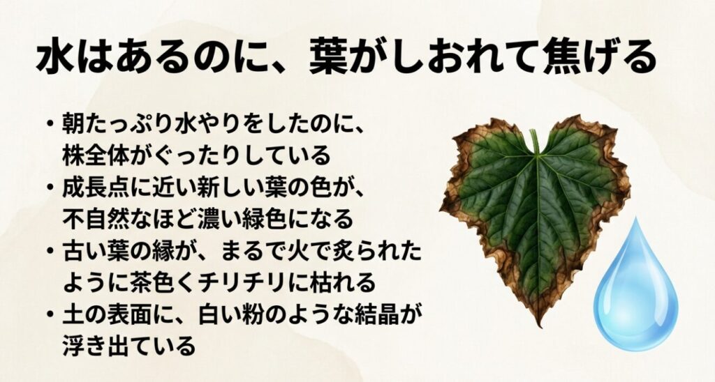水はあるのに葉がしおれて焦げる、新しい葉が濃い緑色になる、土の表面に白い結晶が出るなどの肥料焼けのサインをまとめています 。