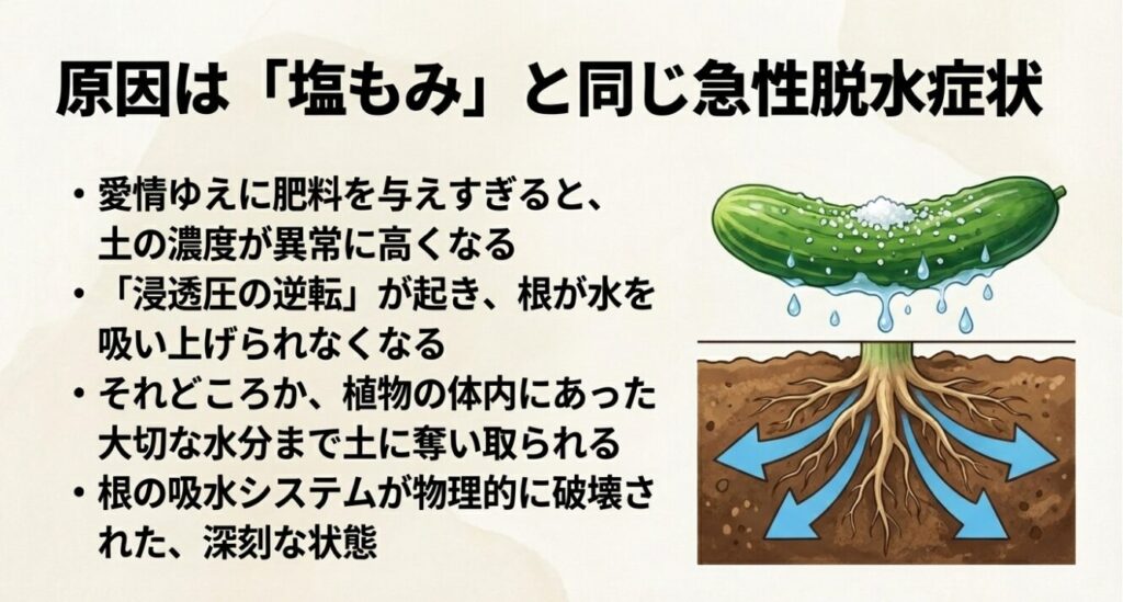 肥料の与えすぎで土の濃度が高くなり、浸透圧の逆転が起きて根が水を吸えなくなるメカニズムの解説図です 。