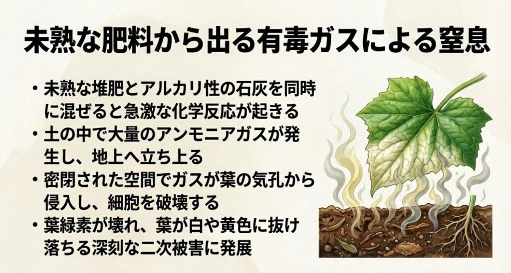 未熟な肥料と石灰が反応してアンモニアガスが発生し、葉の気孔から侵入して細胞を破壊するイラストです 。