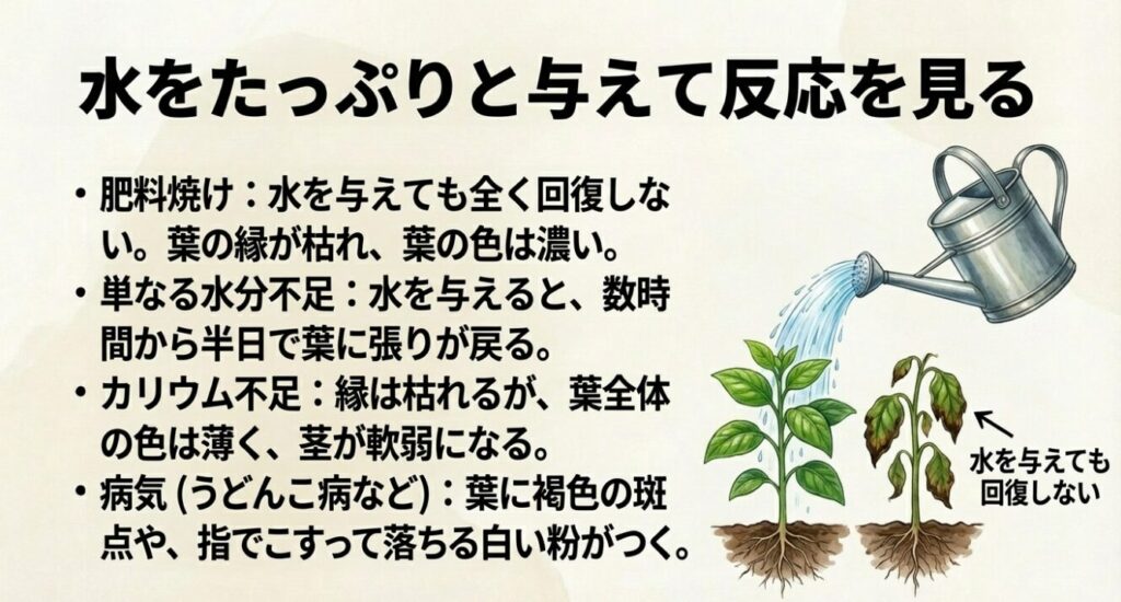 水をたっぷりと与えて反応を見ることで、肥料焼け、単なる水分不足、カリウム不足、病気を見分けるポイントです 。