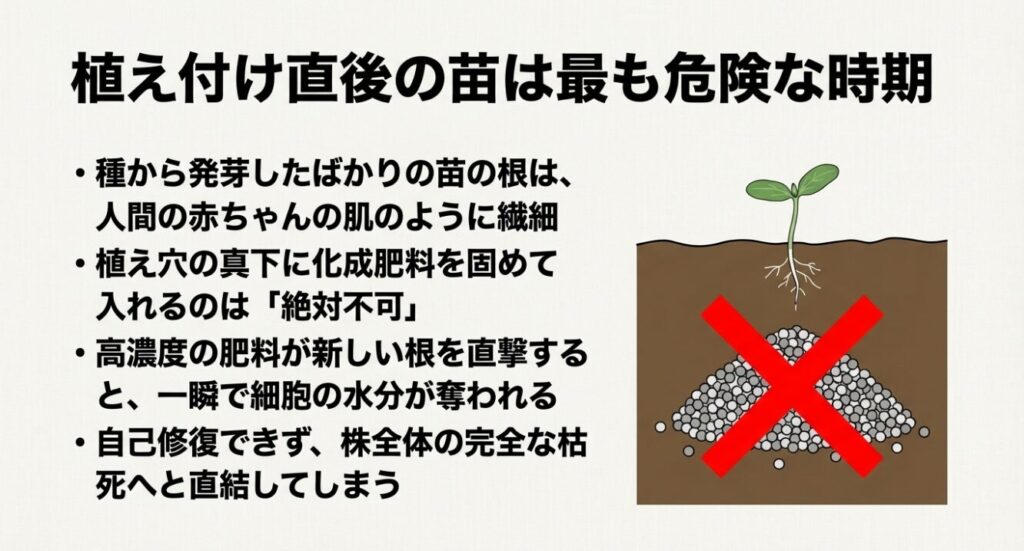発芽したばかりの繊細な苗の真下に、化成肥料を固めて入れるのは絶対不可であることを示す図です 。